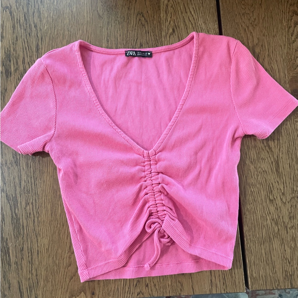 Zara Pink Gathered V-Neck Tee